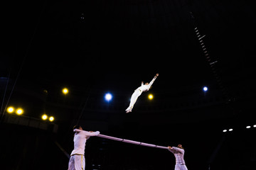 low angle view of air acrobat jumping near pole and men in circus