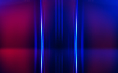 Abstract dark background with blue and pink neon glow. Neon light lines. Show empty stage background