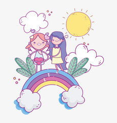 happy valentines day, cute girl and cupid on rainbow foliage clouds sun