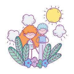 happy valentines day, cute boy and cupid flowers foliage sun clouds