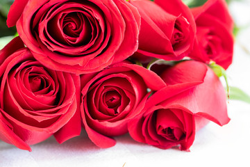 Beautiful red roses bouquet for greeting card design or festive background.