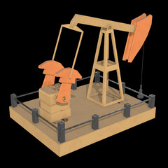 Oil well rig jack. Finance economy polygonal petrol production. Petroleum fuel industry pumpjack derricks pumping drilling. 3d render illustration on black background.
