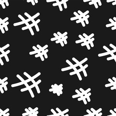 Seamless pattern with white hashtags on a black background. Print for social media. Vector drawing