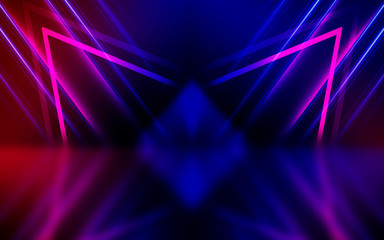 Abstract dark background with blue and pink neon glow. Neon light lines. Show empty stage background