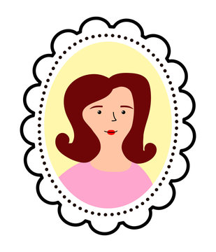 Vector woman portrait isolated on a white background. Pretty face of a girl in a frame for interiors, greeting card, March 8, Mother's Day. Cute Character with a smile, makeup, dark hair and fair skin