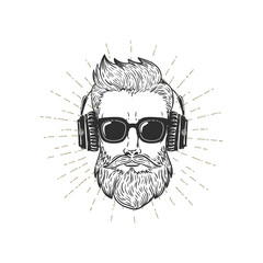 Hipster face with sunglasses and beard. Vector illustration.