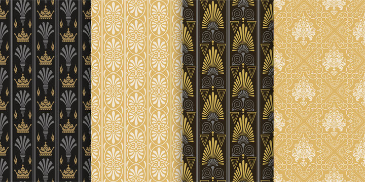 Art deco textile, wallpaper, fabric. 4 geometric patterns for your design. Set of seamless vector patterns in vintage style. Vector image