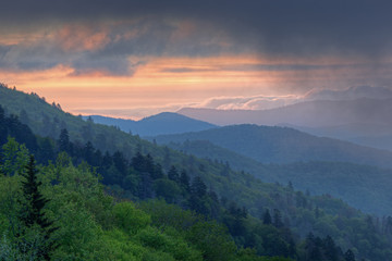 Summer landscape at dawn from the Oconaluftee Overlook of the Great Smoky Mountains in fog, Tennessee, USA
