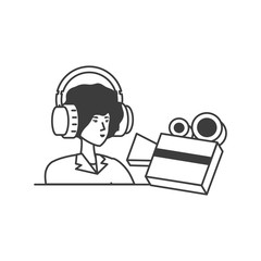 cute young woman with earphones and video camera