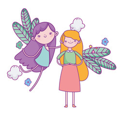 happy valentines day, cute girl and flying cupid leaves foliage flowers