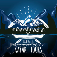 Kayak tours sign. Rafting. Vector illustration.