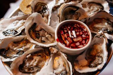 Fresh oysters with lemon's slices in ice. Restaurant delicacy