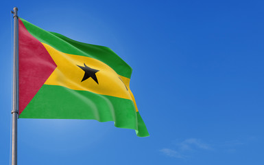 Sao Tome And Principe flag waving in the wind against deep blue sky. National theme, international...