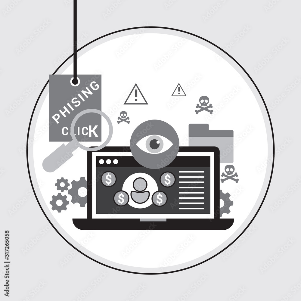 Poster phishing via internet vector concept illustration. fishing by email spoofing or instant messaging. h