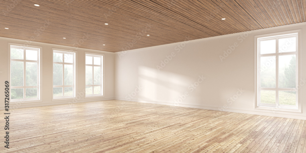 Leinwandbilder mock-up of white empty room and wood laminate floor with sun light cast the shadow on the wall,persp