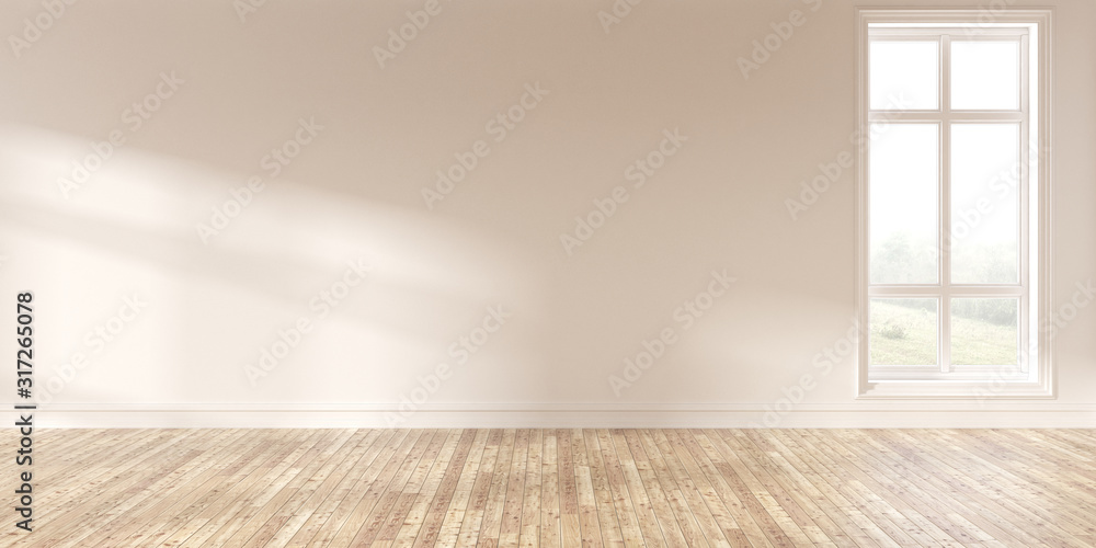 Leinwandbilder mock-up of white empty room and wood laminate floor with sun light cast the shadow on the wall,persp