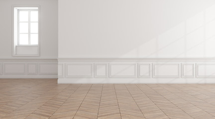 Perspective of the empty room with wood laminate floor in classic style of interior design. 3d rendering