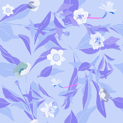 Seamless pattern with flowes of roses, poppies and leaves. Tropical flowers vector illustration.