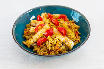 Vegetable rice with chicken meat preparation
