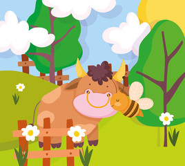 Obraz na płótnie Canvas bull and flying bee fence flowers trees farm animal cartoon