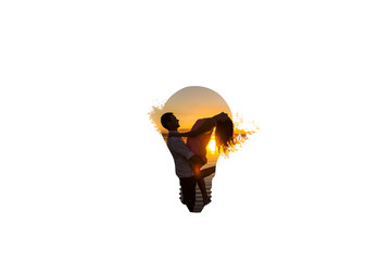 Lamp bulb on white background. Couple in love inside. New idea concept.