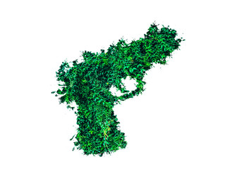 Gun from green leaves isolated on white background. Legalising of weapon. Crime concept. Eco weapon