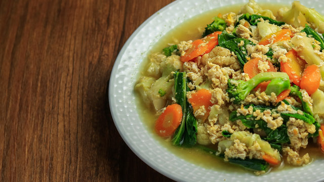 Close up portrait of vegetarian chinese food cap cay. Delicious traditional indonesian food delicacy