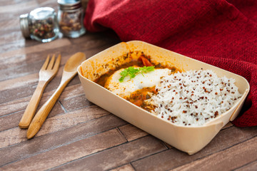 cod fish sauce virgin rice and red quinoa
