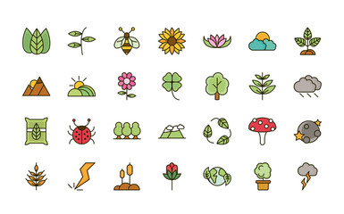 nature foliage botanical ecology drawing icons set