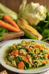 Close up portrait of vegetarian chinese food cap cay. Delicious traditional indonesian food delicacy