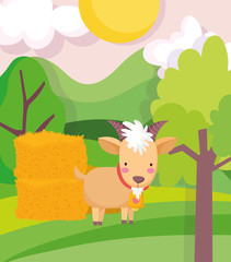 Obraz na płótnie Canvas goat and hay stack trees field sun farm animal cartoon