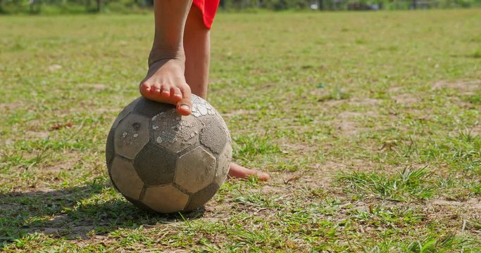 Rural Football Player Tread On The Ball, Video In 4K