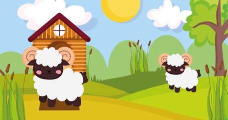 Obraz na płótnie Canvas wooden house ram and sheep trees sun farm animal cartoon