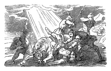 Obraz premium Antique vintage biblical religious engraving or drawing of story of Jesus speaking to Saul on the Damascus road.Bible, New Testament,Acts 9. Biblische Geschichte , Germany 1859.