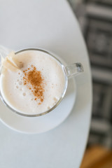 London fog latte in trendy coffee shop with modern tile floors