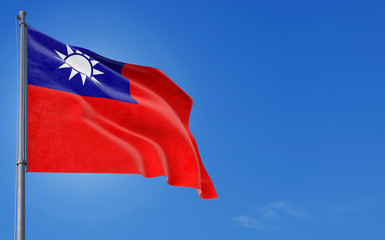 Taiwan flag waving in the wind against deep blue sky. National theme, international concept. Copy space for text.