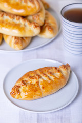 Pies (pirozhki) with cabbage. Homemade baking. Traditional Russian and Ukrainian cuisine. In the background is a dish with pies. Close-up.