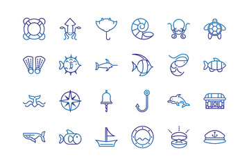Fototapeta premium marine life nautical sea animals and equipment thick line blue icons