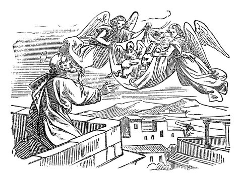 Antique vintage biblical religious engraving or drawing of story of vision of saint apostle Simon Peter and his vision of sheet with animals carried to be eaten.Bible, New Testament,Acts 10. Biblische