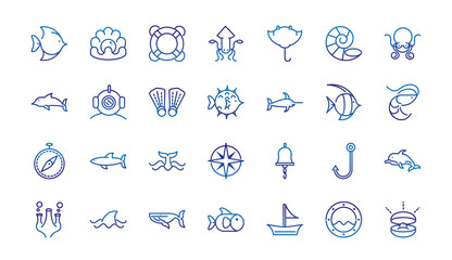 marine life nautical sea animals and equipment thick line blue icons