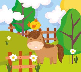 horse with chick in head wooden fence flowers farm animal cartoon