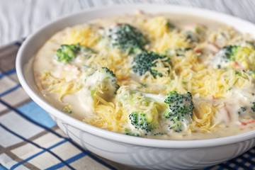cheesy broccoli soup in a white bowl