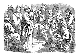 Antique vintage biblical religious engraving or drawing of saint apostle Simon Peter is speaking to Paul and Barnabas about circumcision .Bible, New Testament,Acts 15. Biblische Geschichte , Germany - obrazy, fototapety, plakaty