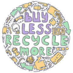 Obraz premium ECO vector doodle set. Recycling and dontation poster. Concept of recycling. Round shape of donation and recycling elements