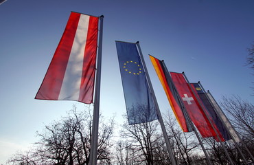 Austrian flag next to the EU, german and swiss flag.
