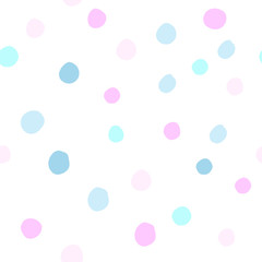 Dots seamless pattern in light blue and pink colors, pastel tones. Vector isolated on white background. Different circles. Polka dot texture.