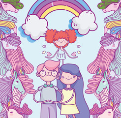 happy valentines day, cute couple and cupid hearts love unicorns rainbow fantasy