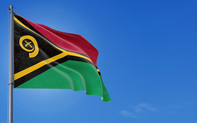 Vanuatu flag waving in the wind against deep blue sky. National theme, international concept. Copy space for text.