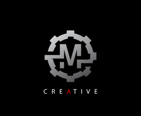 Abstract Gear Initial Letter M Technology logo icon vector design concept.