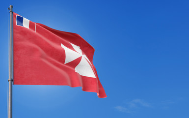 Wallis And Futuna flag waving in the wind against deep blue sky. National theme, international...